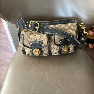 Coach Signature Tan and Black Crossbody Bag